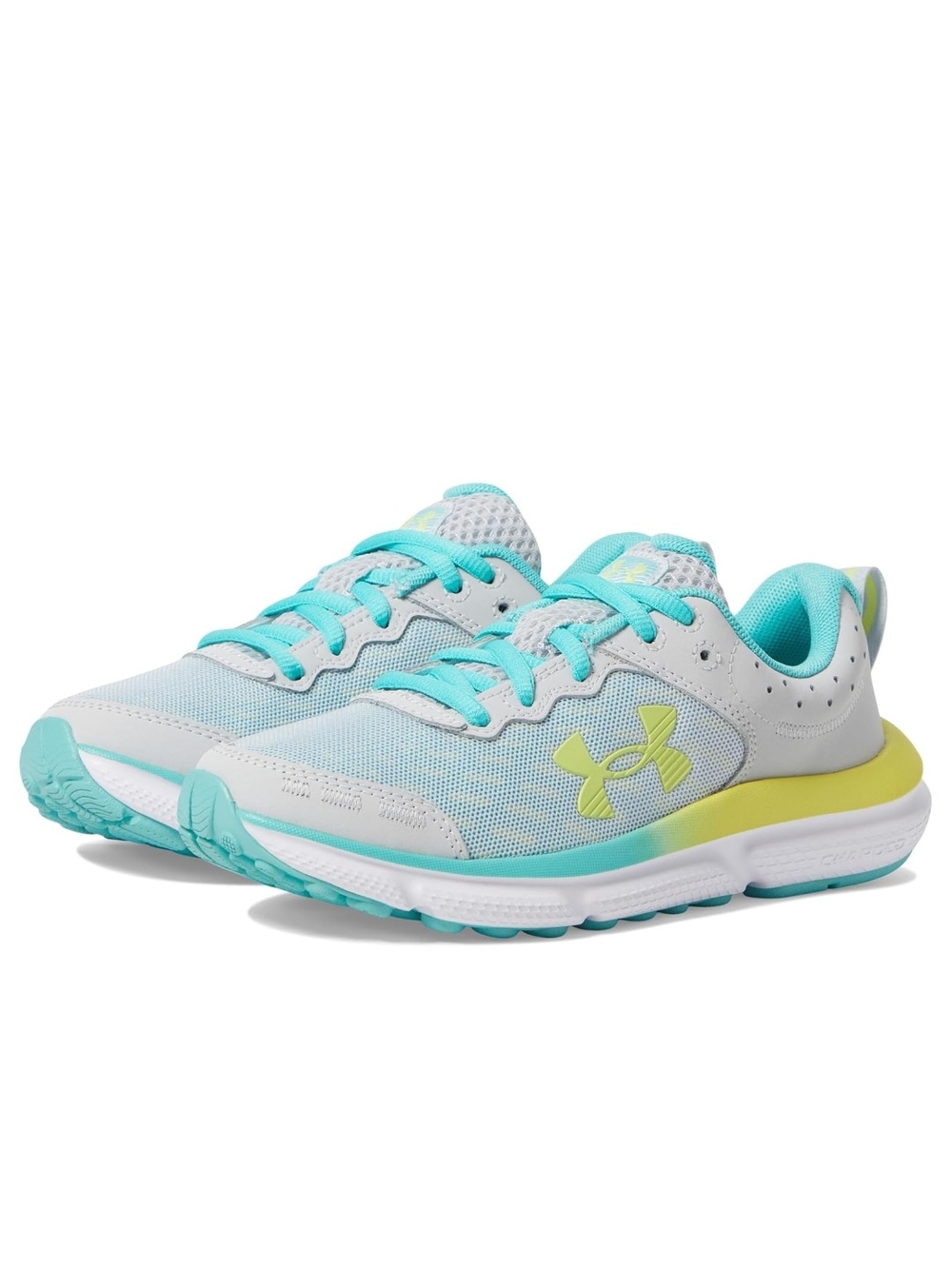 Under Armour Aqua, Light Gray & Yellow Girls Running Shoes Shoes 5Y